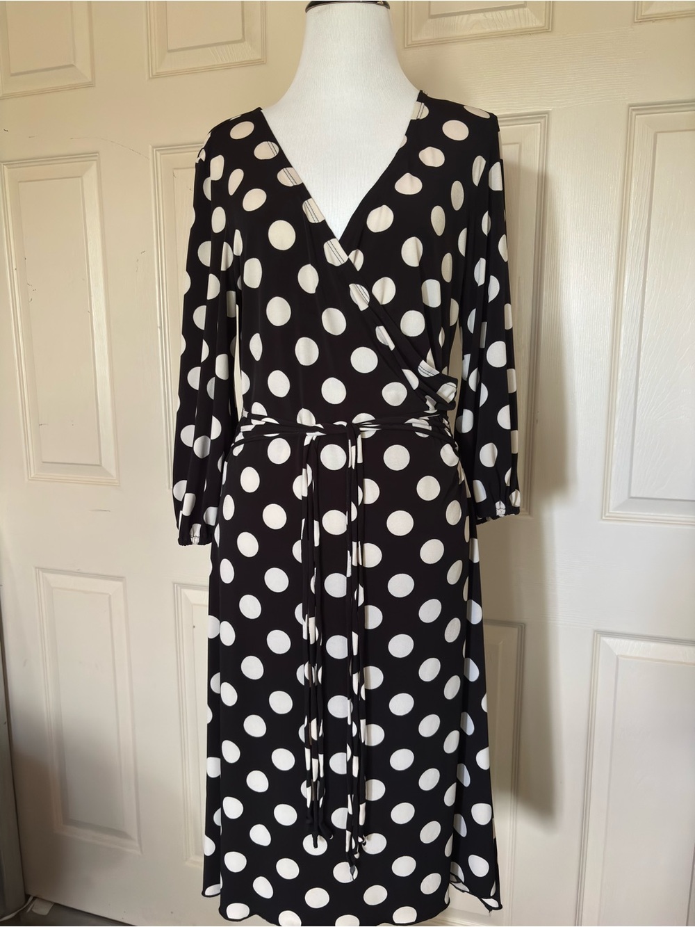 Ruby Rox Black and Cream Polka Dot Midi Wrap-Like Dress